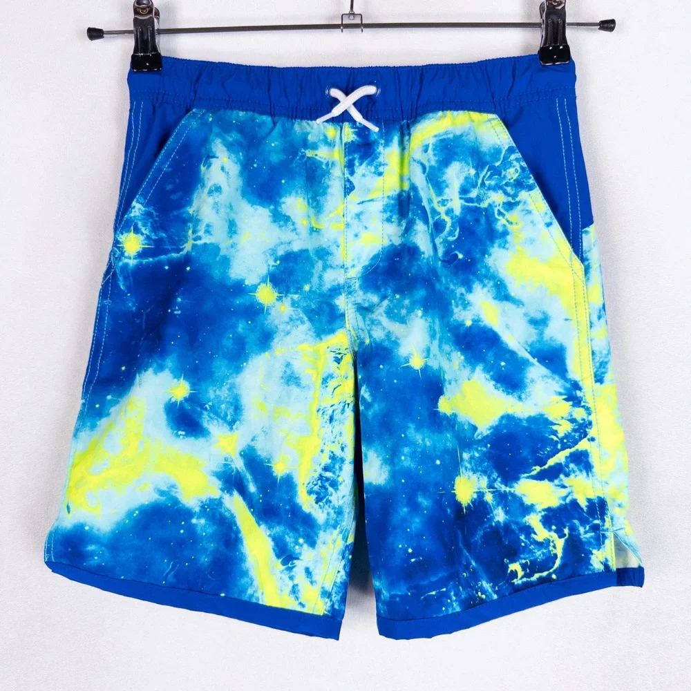 Lands' End Boys Swim Trunks Size L 10-12 Blue Galaxy Cosmic Board Shorts Beach